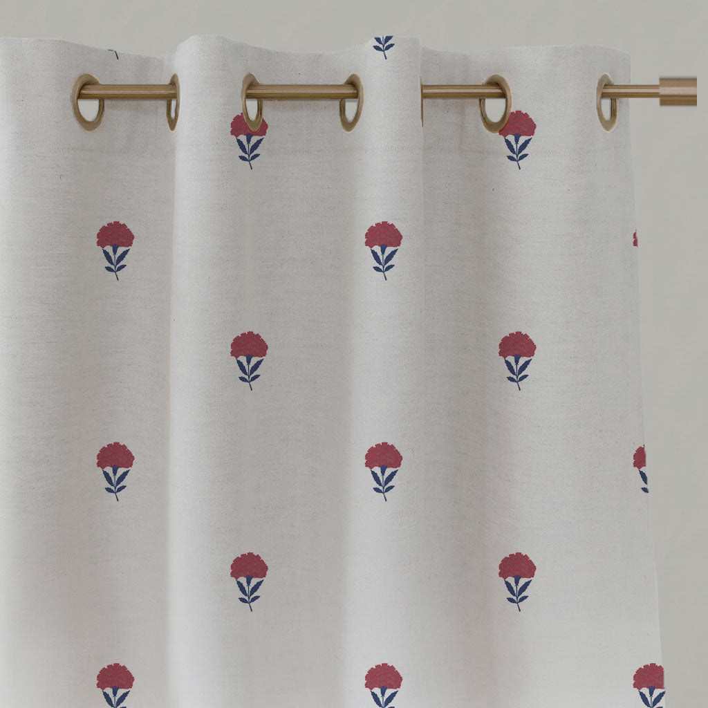Red Patterned Linen Eyelet Curtains - Cheyenne Wine Blue - White base fabric.