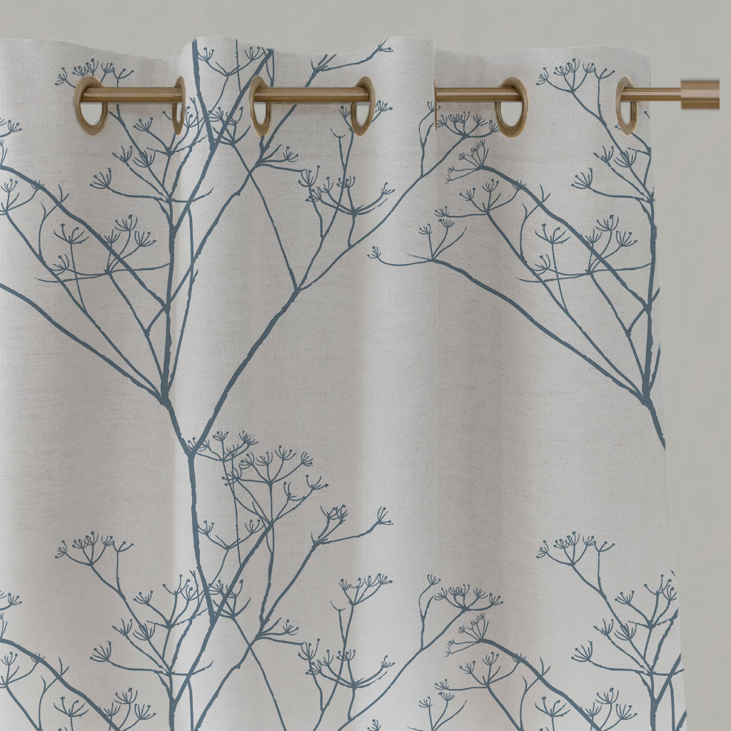 Blue Floral Linen Eyelet Curtains - Cicely Agate Blue - White base fabric.