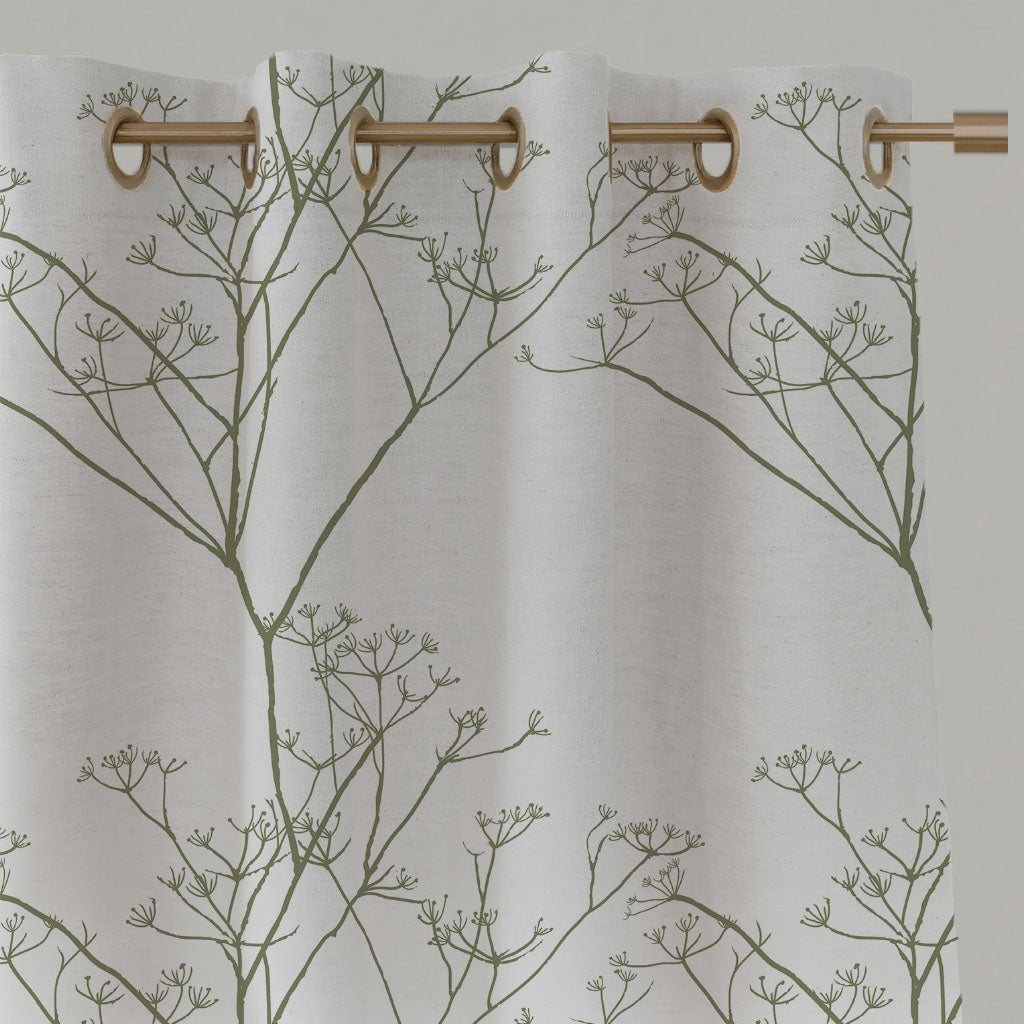 Green Floral Linen Eyelet Curtains - Cicely Moss - White base fabric.