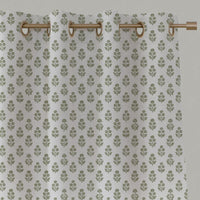 Green Floral Linen Eyelet  Curtain - Doris Moss-WHT - White base fabric.