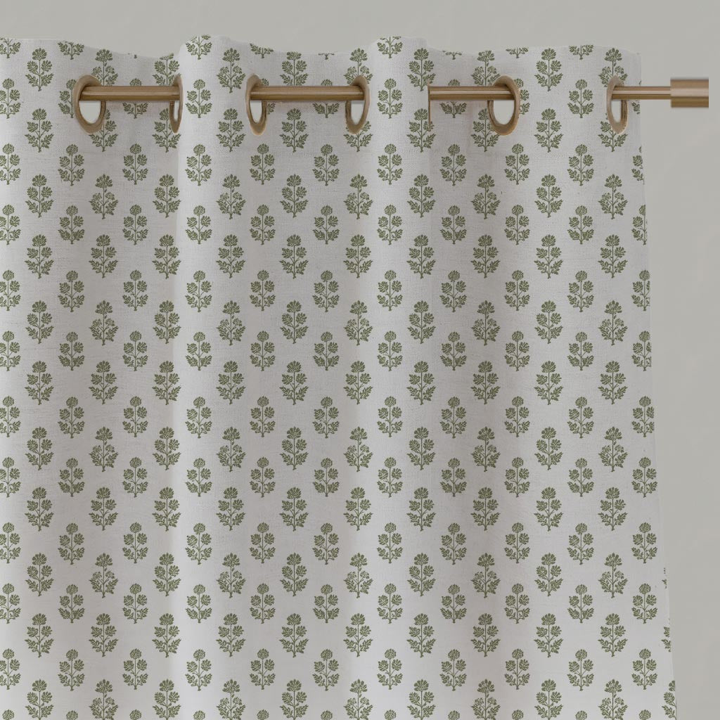 Green Floral Linen Eyelet  Curtain - Doris Moss-WHT - White base fabric.
