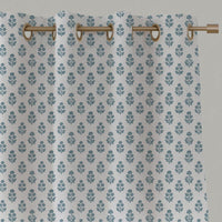 Blue Floral Linen Eyelet Curtain - Doris Paris Blue-WHT - White base fabric.