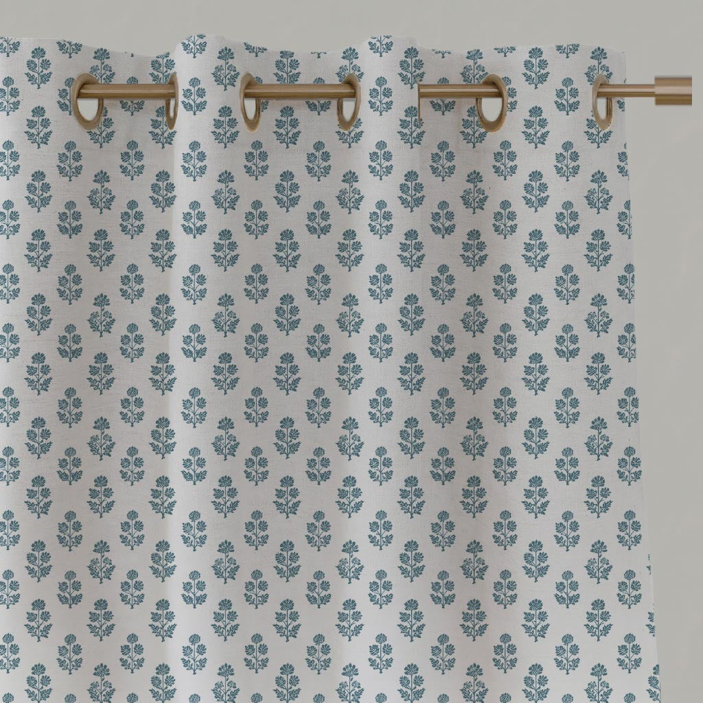 Blue Floral Linen Eyelet Curtain - Doris Paris Blue-WHT - White base fabric.
