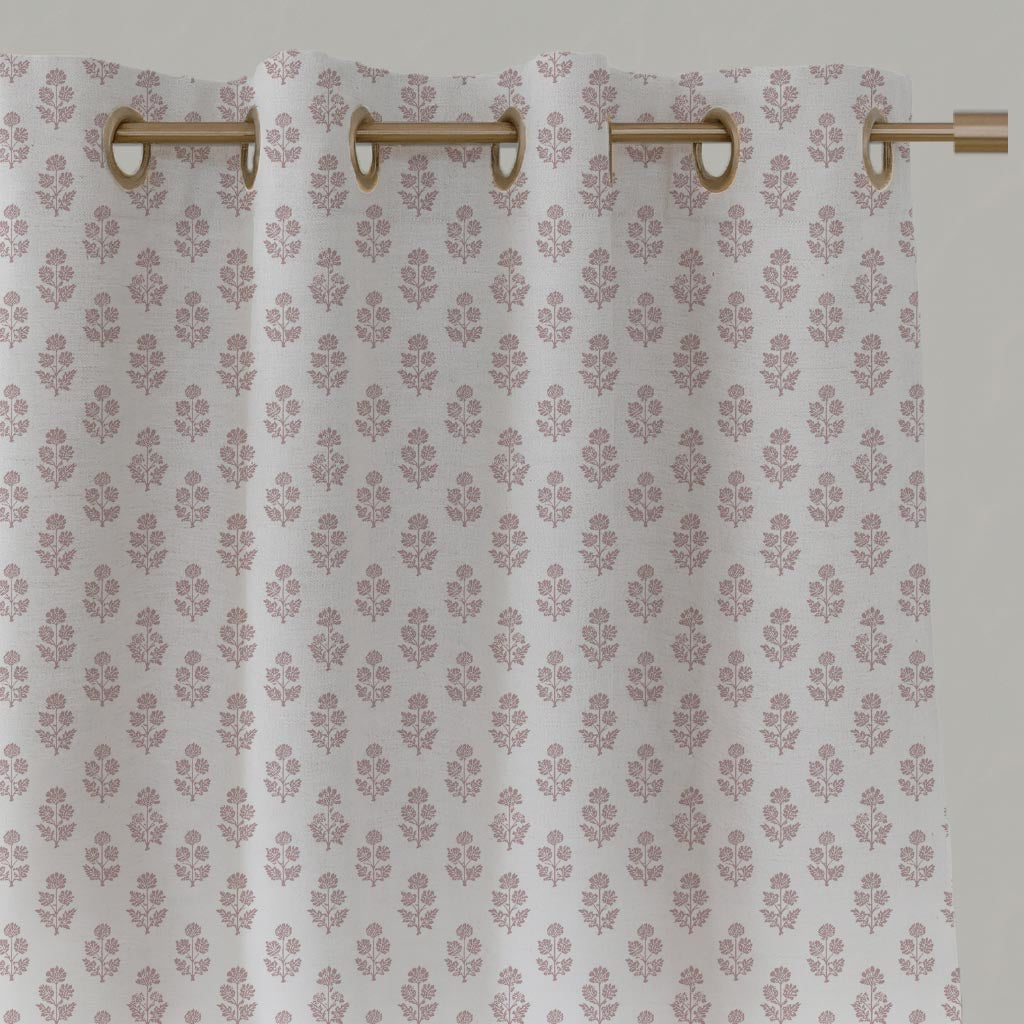 Pink Floral Linen Eyelet Curtain - Doris Peony-WHT - White base fabric.