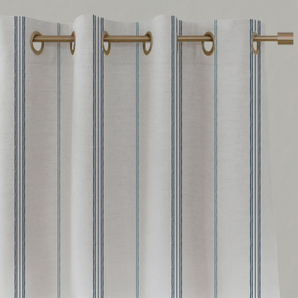 Blue Striped Linen Eyelet Curtains - Elise Blue-WHT - White base fabric.
