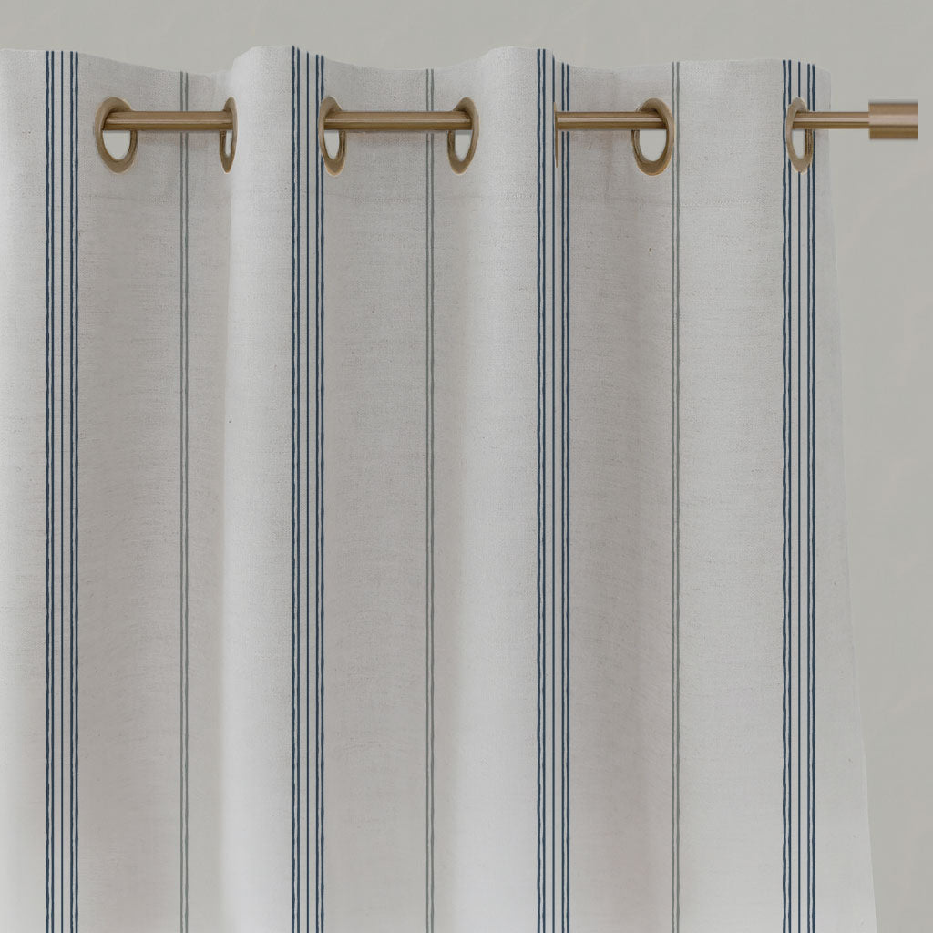 Grey / Blue Striped Linen Eyelet Curtains - Elise Ink-WHT - White base fabric.