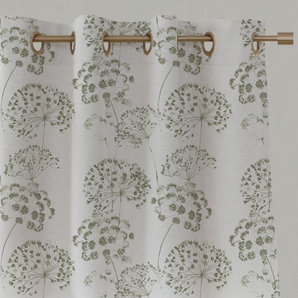 Green Floral Linen Eyelet Curtains - Erleen Moss - White base fabric.