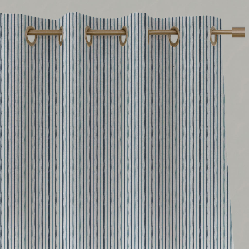 Blue Striped Linen Eyelet Curtains - Evelina Ink-WHT - White base fabric.