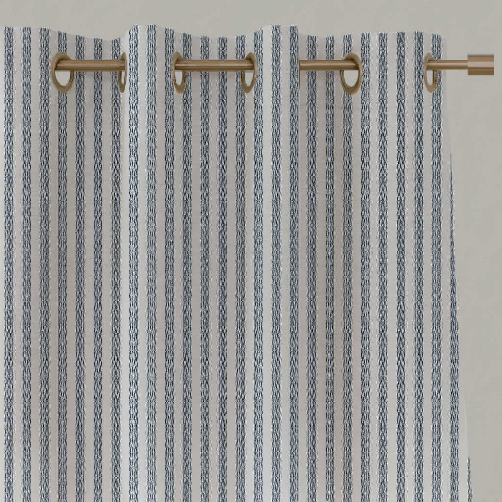 Blue Striped Linen Eyelet Curtains - Evianne Ink-WHT - White base fabric.