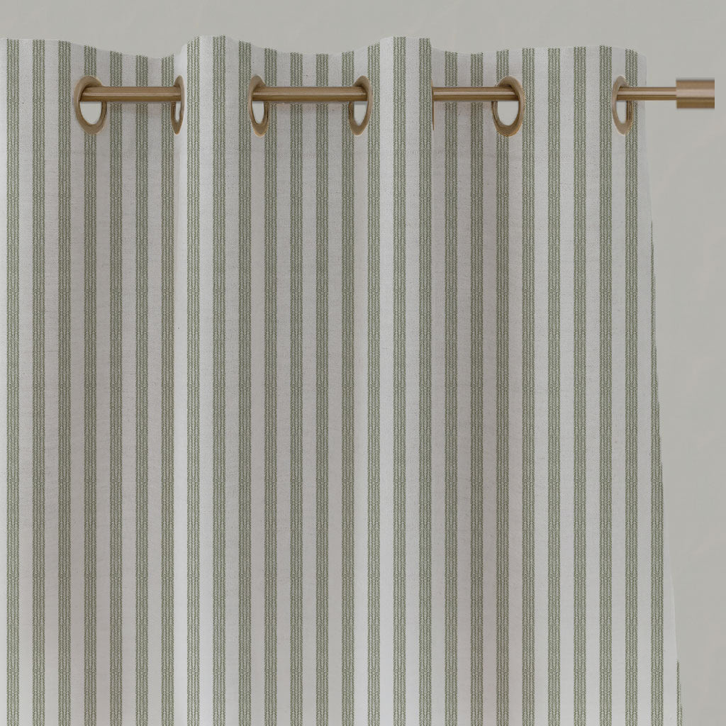 Green Striped Linen Eyelet Curtains - Evianne Moss-WHT - White base fabric.