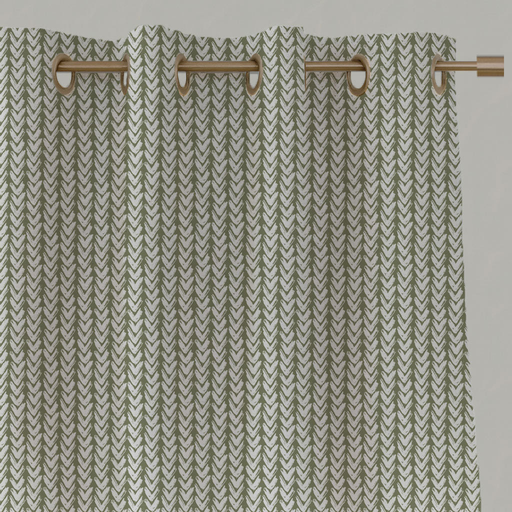 Green Patterned Linen Eyelet Curtains - Fia Moss - White base fabric.