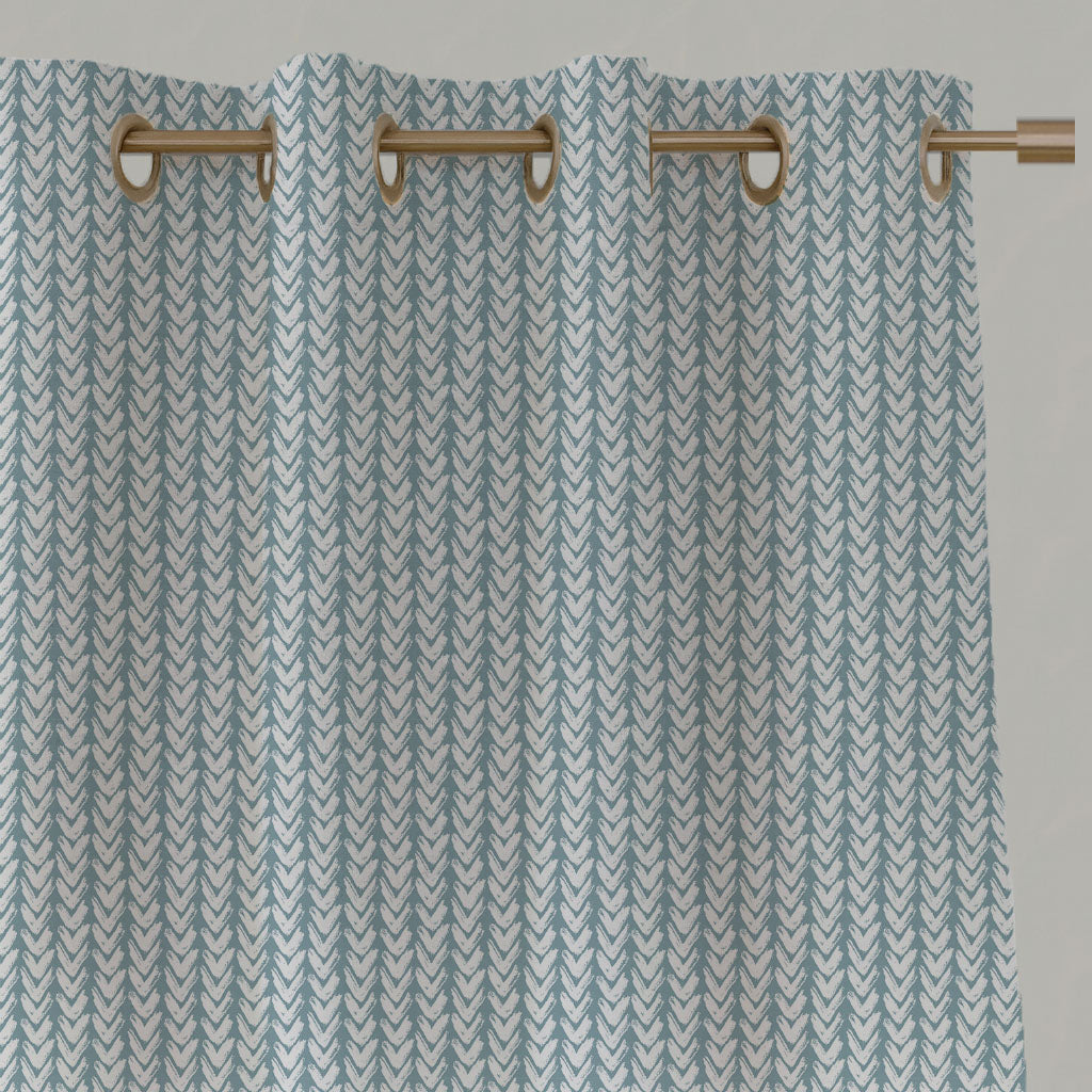 Blue Patterned Linen Eyelet Curtains - Fia Shadow Blue - White base fabric.