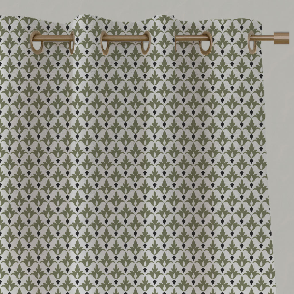 Green Patterned Linen Eyelet Curtains - Fiona Moss - White base fabric.