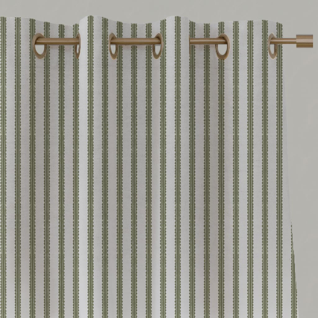 Green Patterned Linen Eyelet Curtain - Fionna Moss-WHT - White base fabric.