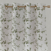 Green Floral Linen Eyelet Curtains - Flora Moss-WHT - White base fabric.