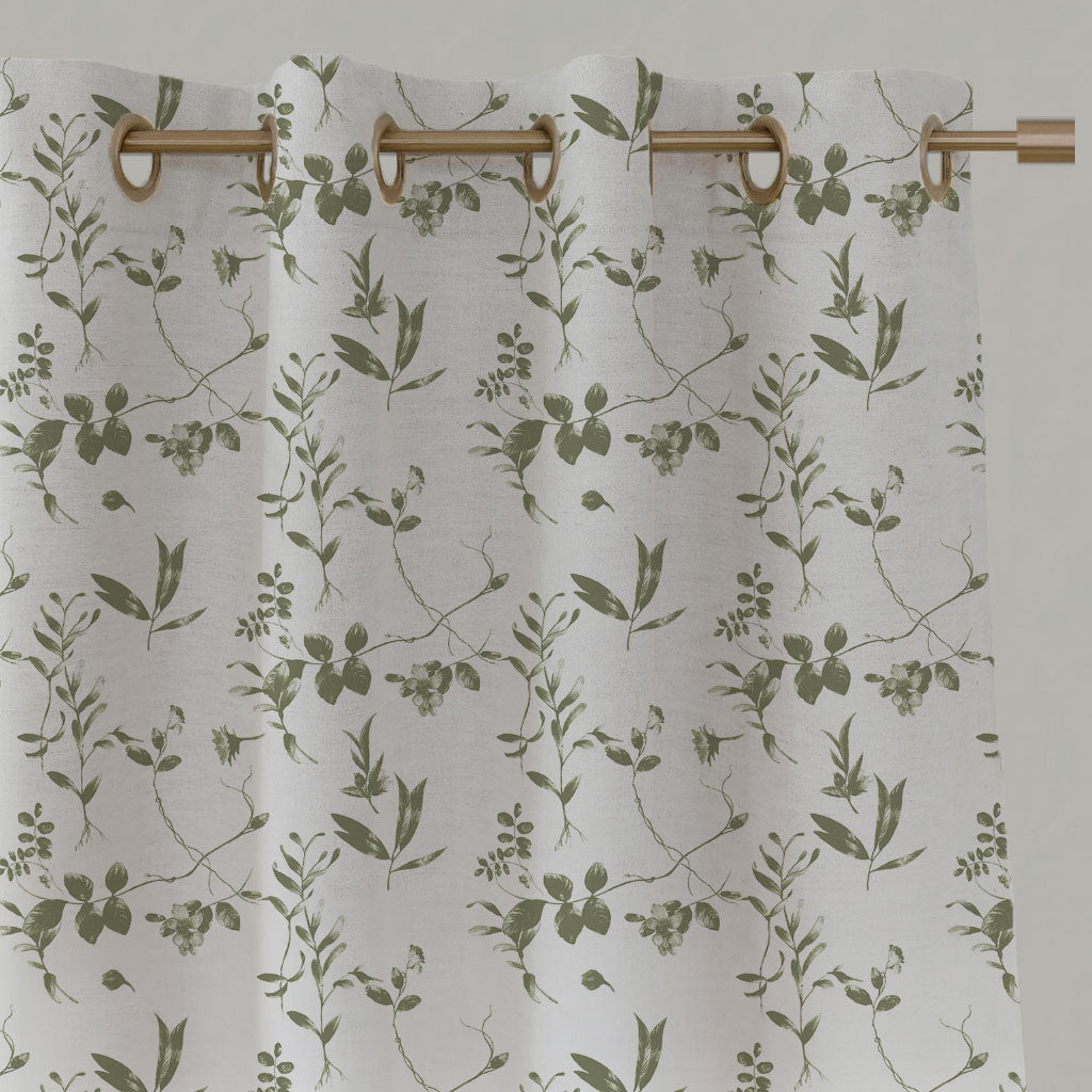 Green Floral Linen Eyelet Curtains - Flora Moss-WHT - White base fabric.