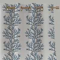 Blue Botanical Linen Eyelet Curtains - Galilea Blue - White base fabric.
