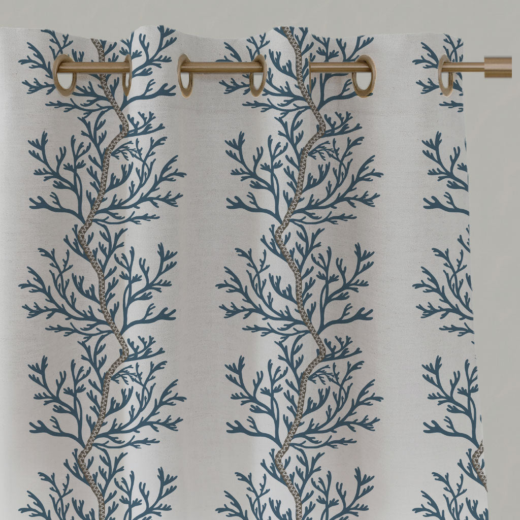 Blue Botanical Linen Eyelet Curtains - Galilea Blue - White base fabric.
