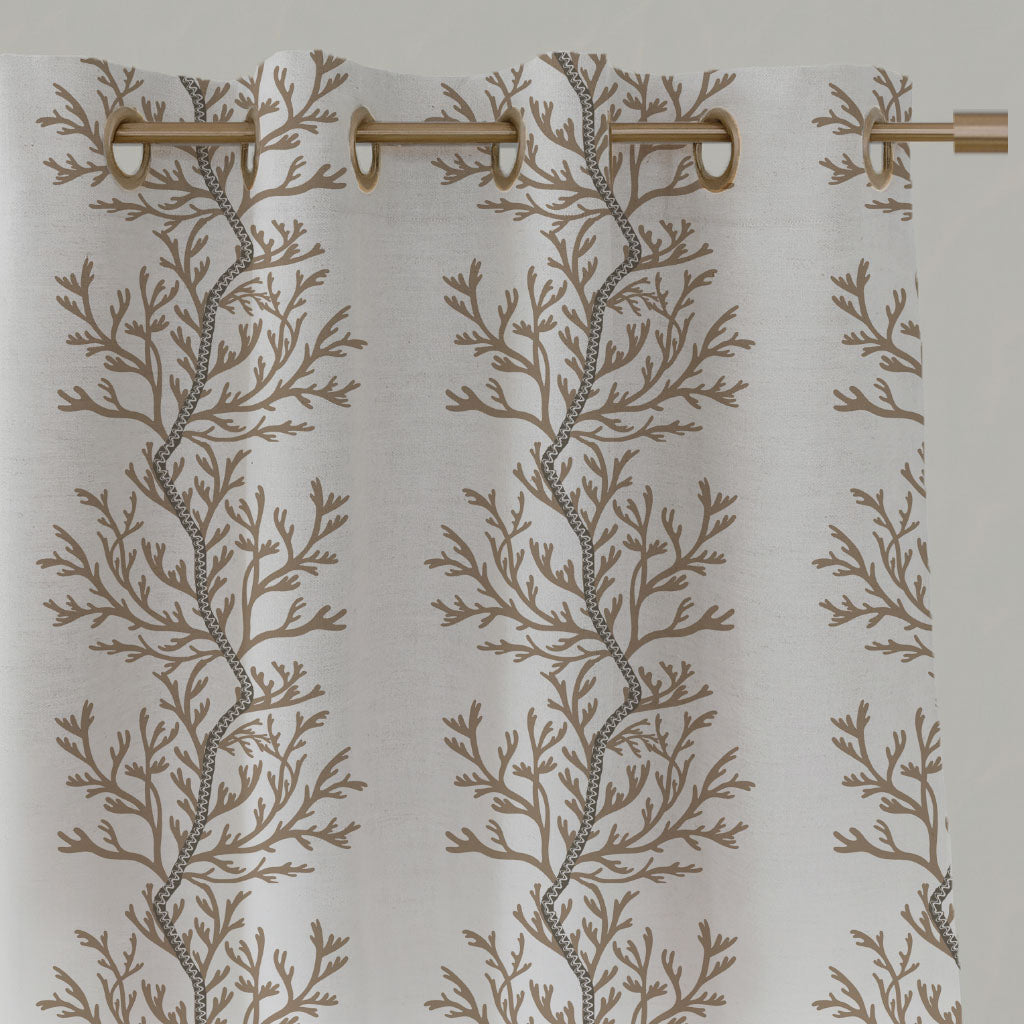 Brown Botanical Linen Eyelet Curtains - Galilea Pastel Brown - White base fabric.
