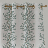 Green Botanical Linen Eyelet Curtains - Galilea Sage - White base fabric.