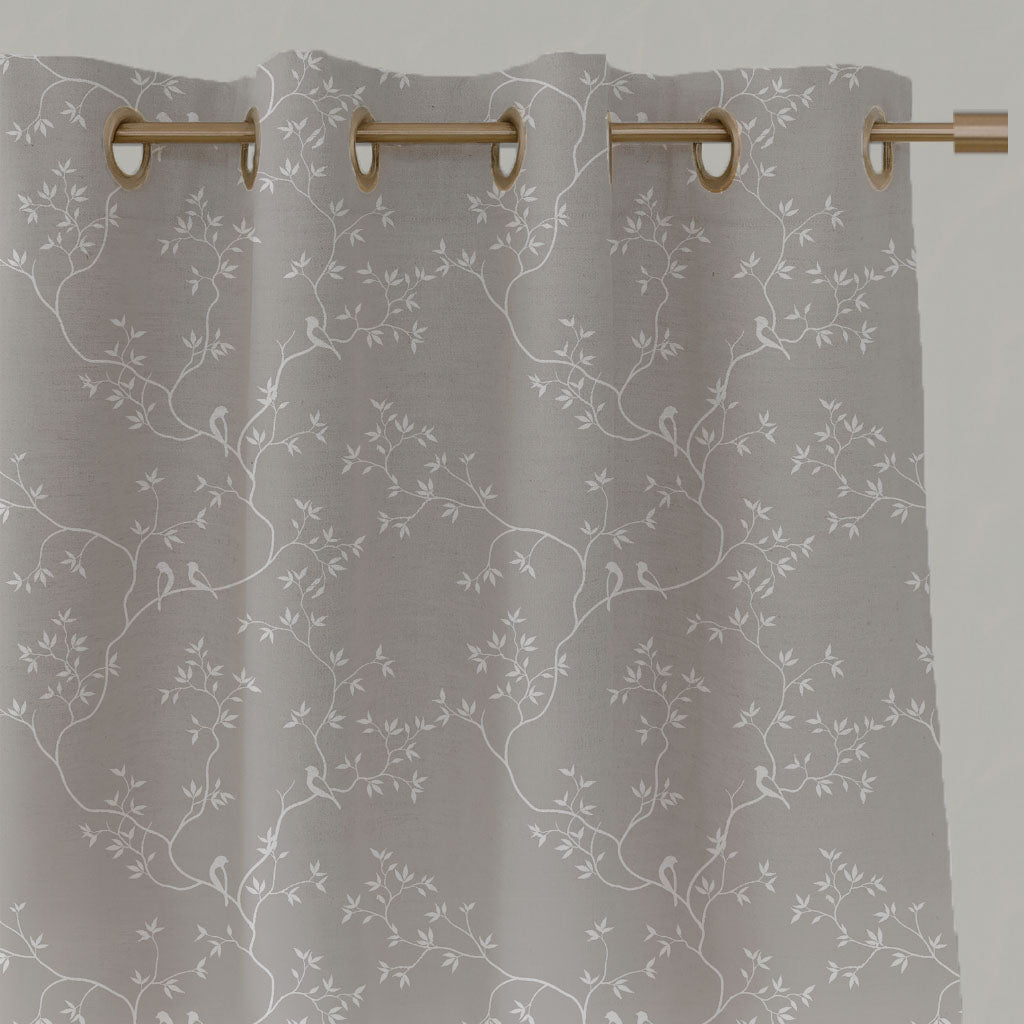 Neutral / Grey Botanical Linen Eyelet Curtains - Goldfinch INV Grey Sand - White base fabric.
