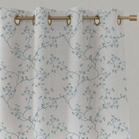 Blue Botanical Linen Eyelet Curtains - Goldfinch Shadow Blue WHT - White base fabric.