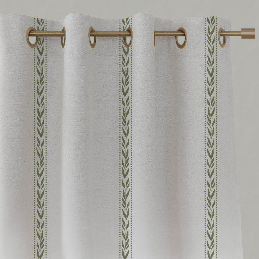 Green Striped Linen Eyelet Curtains - Helena Moss - White base fabric.