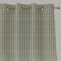 Green Patterned Linen Eyelet Curtains - Hilda Moss - White base fabric.