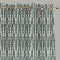 Green Patterned Linen Eyelet Curtains - Hilda Sage - White base fabric.