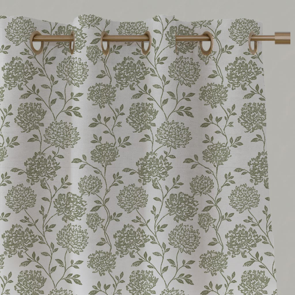 Green Floral Linen Eyelet Curtain - Hulsey Moss-WHT - White base fabric.
