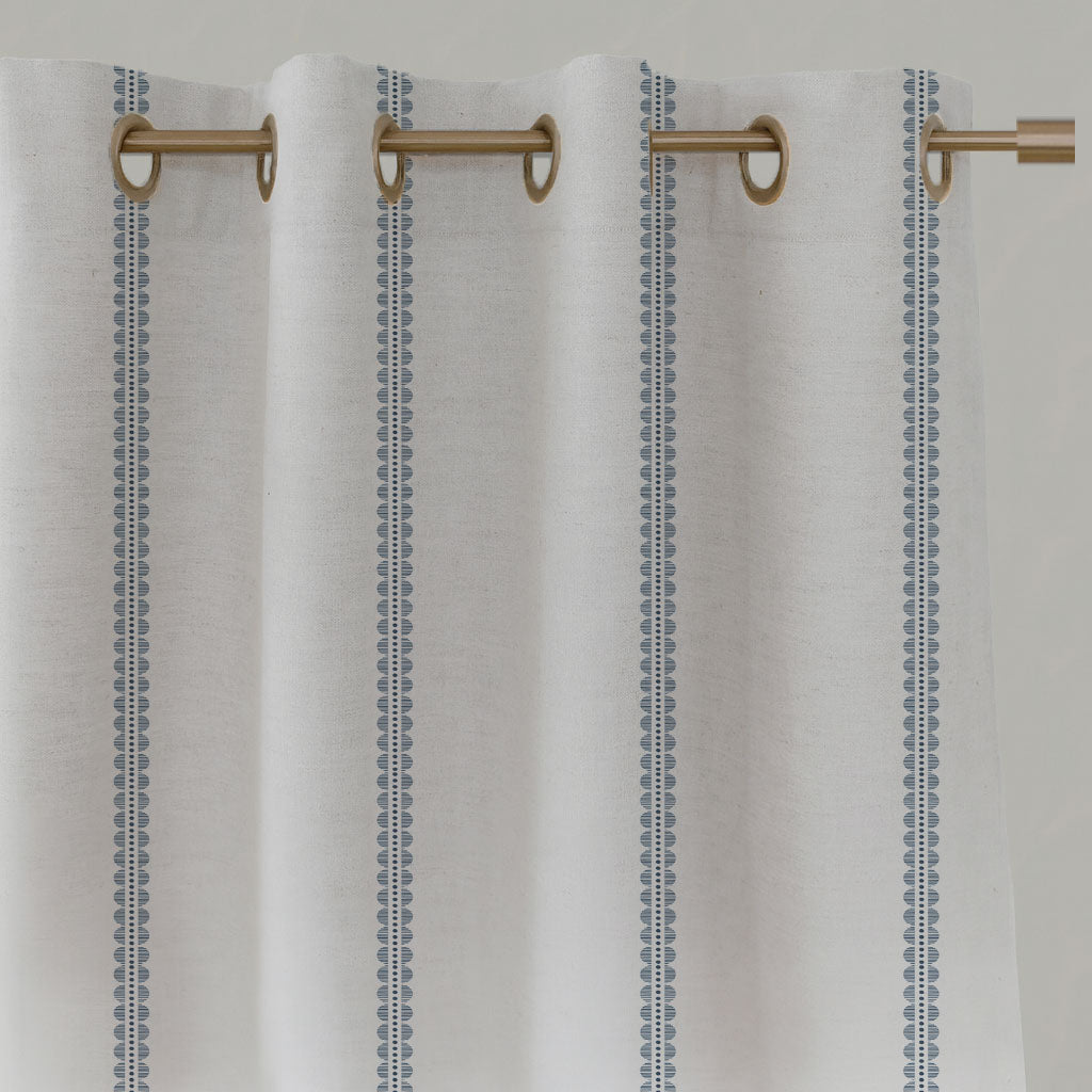 Blue Striped Linen Eyelet Curtains - Imogen Ink - White base fabric.