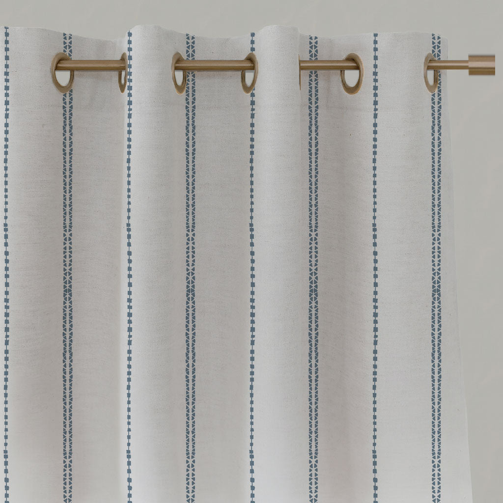 Blue Striped Linen Eyelet Curtains - Inga Agate Blue - White base fabric.