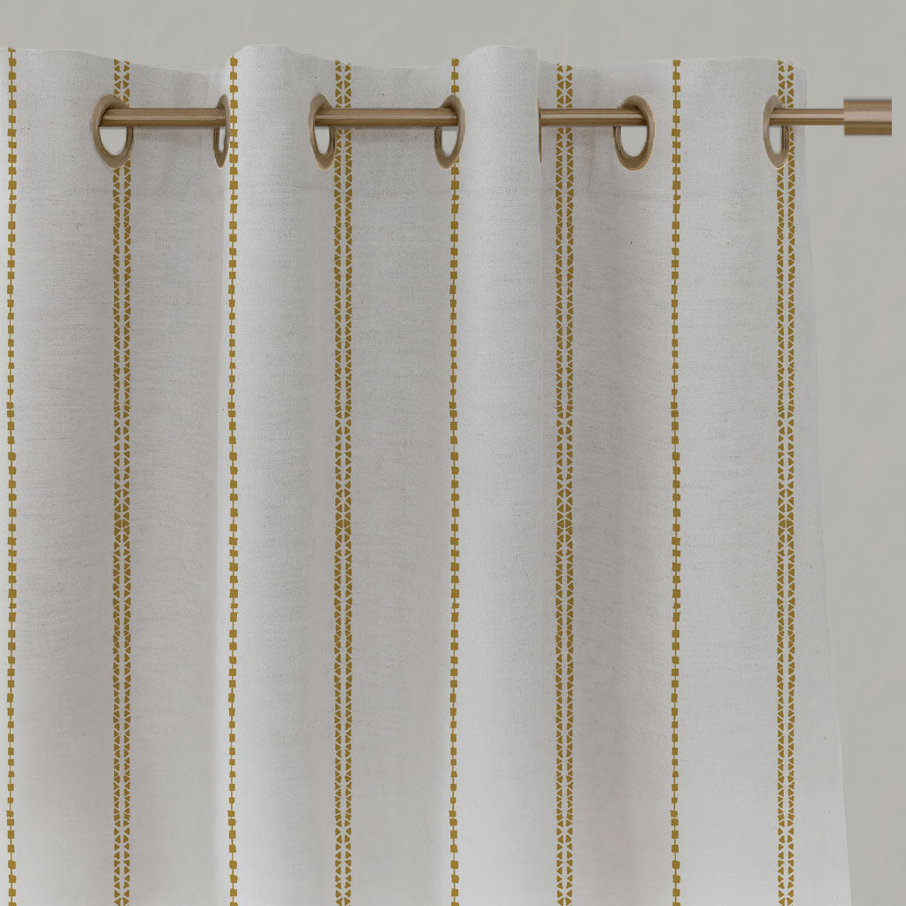 Yellow Striped Linen Eyelet Curtains - Inga Gold Rod - White base fabric.