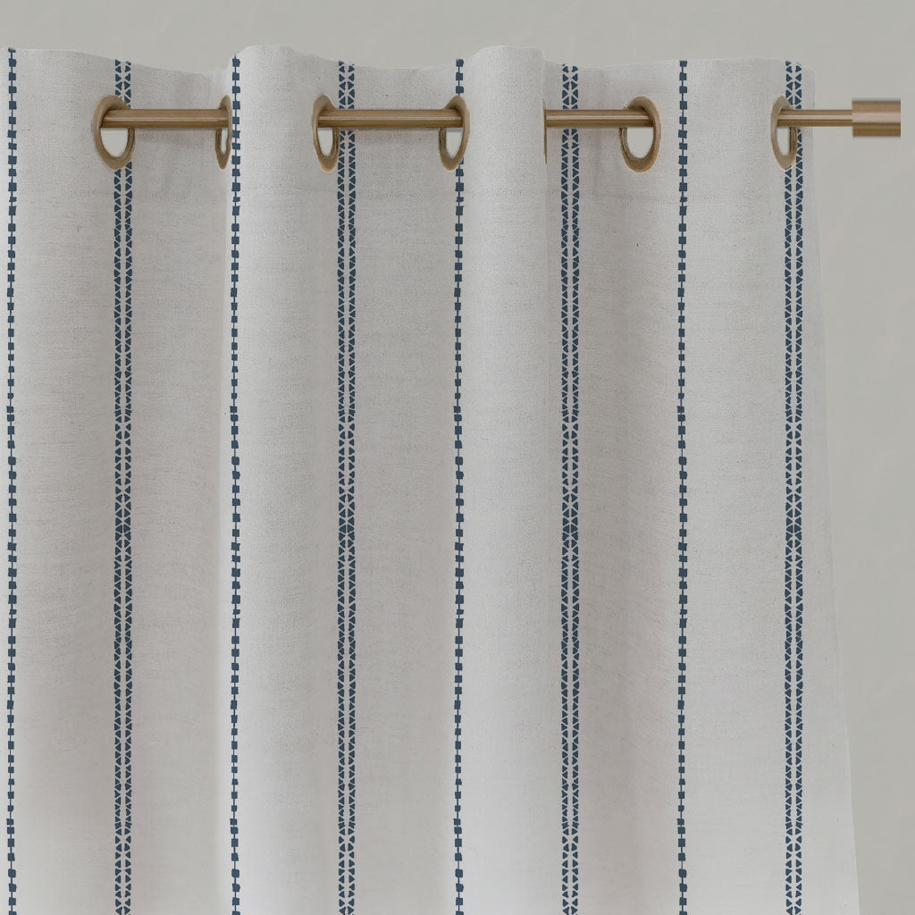 Blue Striped Linen Eyelet Curtains - Inga Ink - White base fabric.