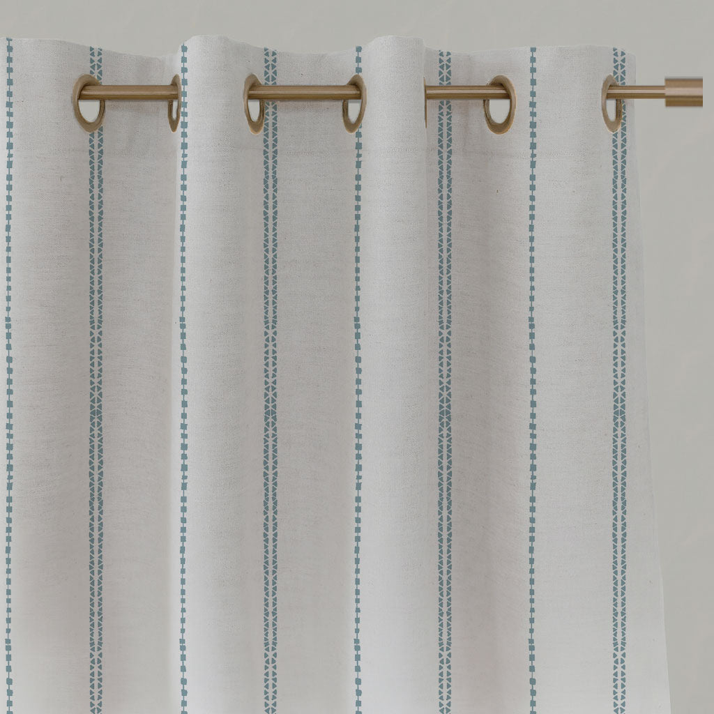 Blue Striped Linen Eyelet Curtains - Inga Shadow Blue - White base fabric.