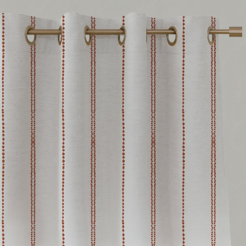 Red / Orange Striped Linen Eyelet Curtains - Inga Terracotta - White base fabric.