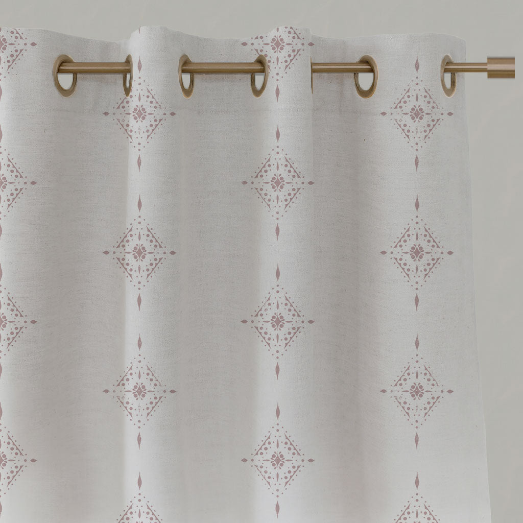 Pink Patterned Linen Eyelet Curtains - Kaisley Peony-WHT - White base fabric.