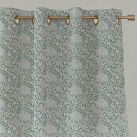 Green Floral Linen Eyelet Curtains - Katarina Meadow - White base fabric.