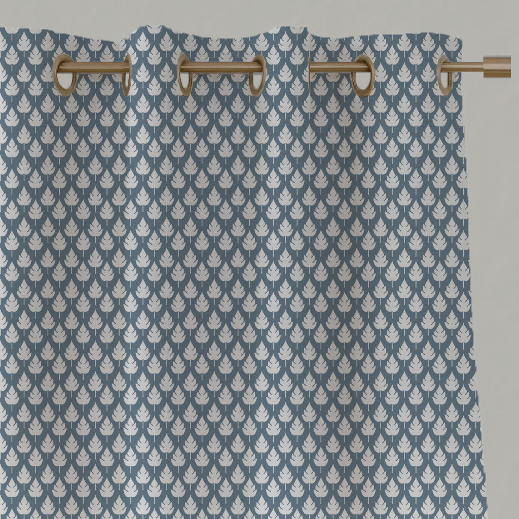 Blue Botanical Linen Eyelet Curtains - Kira Agate Blue - White base fabric.