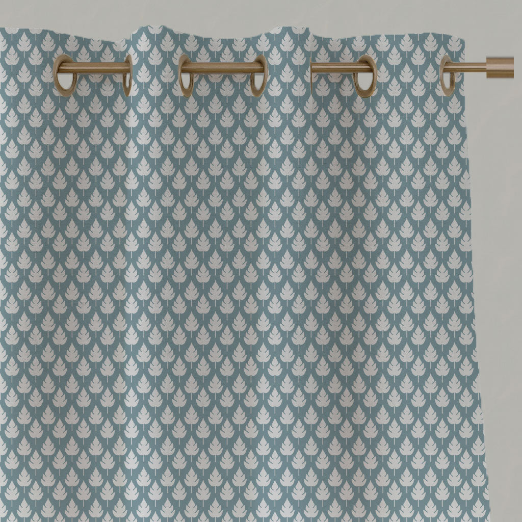 Blue Botanical Linen Eyelet Curtains - Kira Shadow Blue - White base fabric.