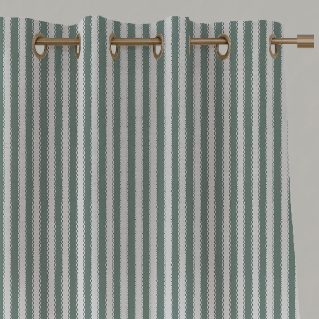 Light Green Striped Linen Eyelet Curtain - Lisabella Sage-WHT - White base fabric.