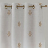 Orange / Yellow Floral Linen Eyelet Curtains - Lisana Ochre - White base fabric.