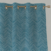 Blue Patterned Linen Eyelet Curtains - Lulu Blue Stone - White base fabric.