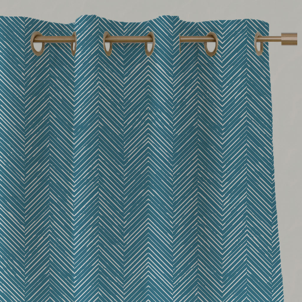 Blue Patterned Linen Eyelet Curtains - Lulu Blue Stone - White base fabric.