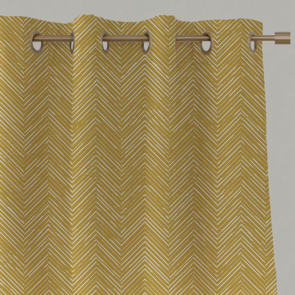 Yellow Patterned Linen Eyelet Curtains - Lulu Dijon - White base fabric.