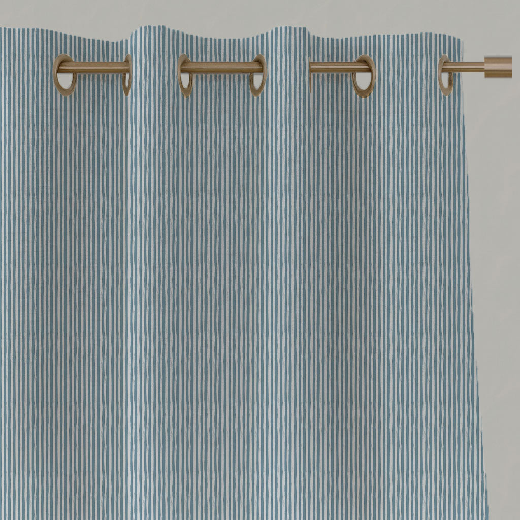 Blue Striped Linen Eyelet Curtains - Maisa Blue Mist - White base fabric.