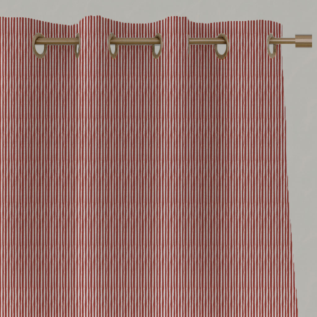 Red Striped Linen Eyelet Curtains - Maisa Crimson Red - White base fabric.