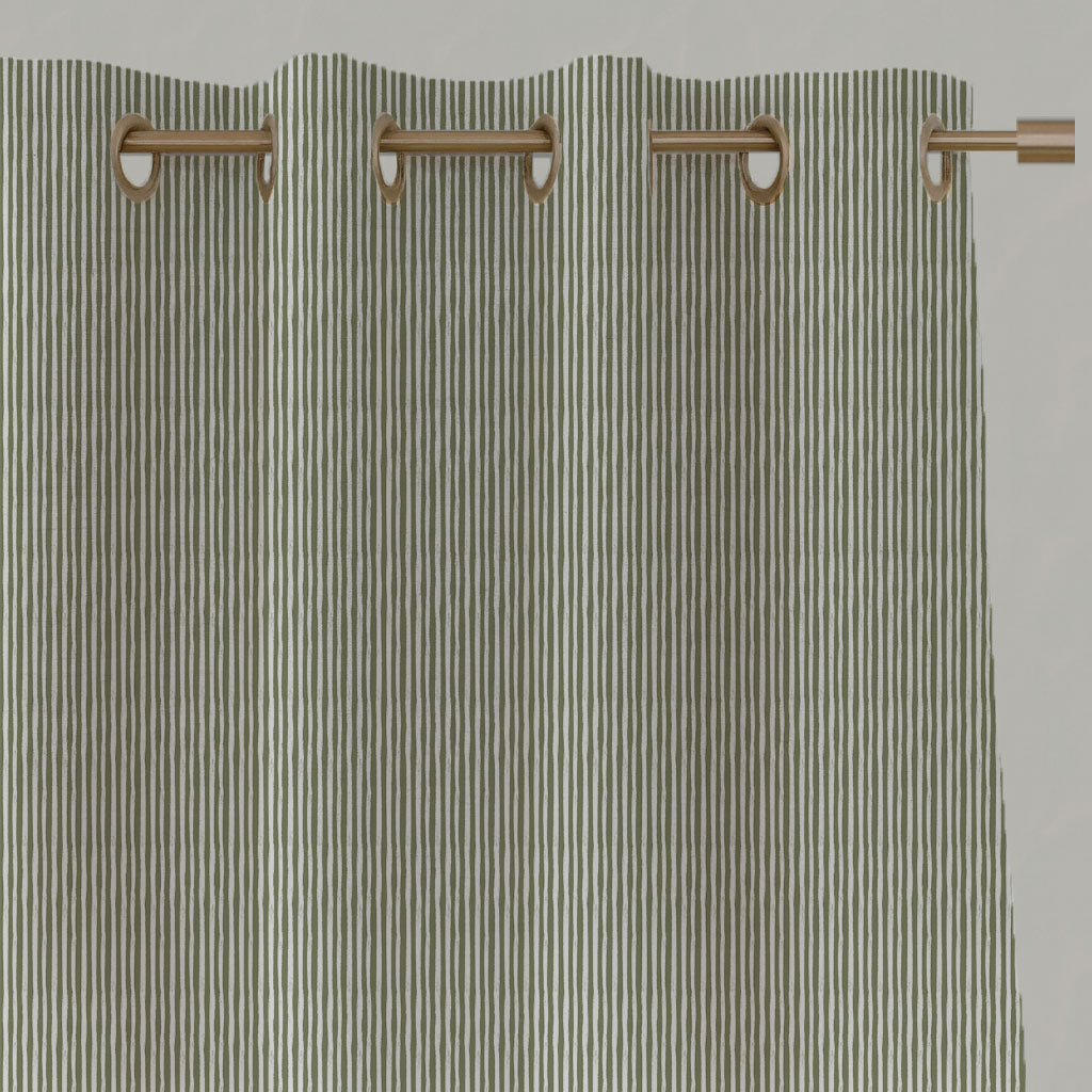 Green Striped Linen Eyelet Curtains - Maisa Moss - White base fabric.