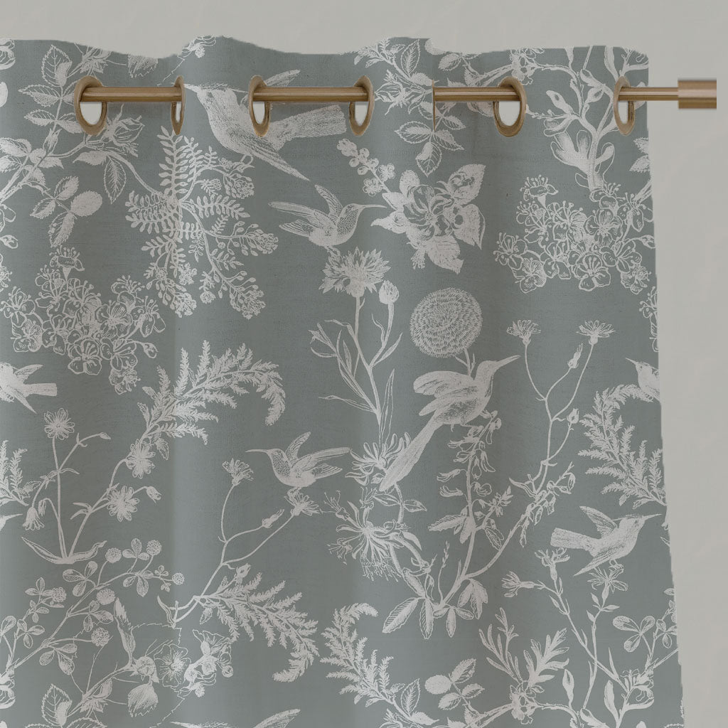 Grey Floral Linen Eyelet Curtains - Marianne Greige  - White base fabric.