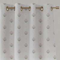 Pink Floral Linen Eyelet Curtain - Maryam Pink-WHT - White base fabric.